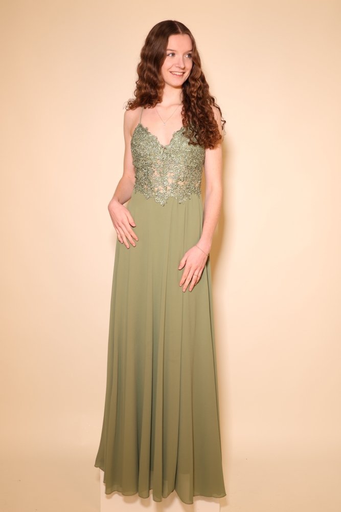 Chiffon Abendkleid mit floraler Spitzenoberteil, Schnürung & Schlitz, oliv - Dein Kleiderladen