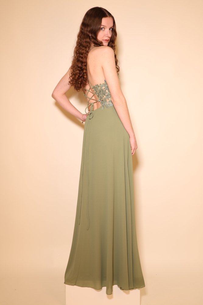 Chiffon Abendkleid mit floraler Spitzenoberteil, Schnürung & Schlitz, oliv - Dein Kleiderladen