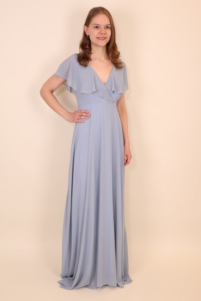 Chiffon - Abendkleid mit V - Ausschnitt & kurzen Ärmeln, hellblau - Dein Kleiderladen