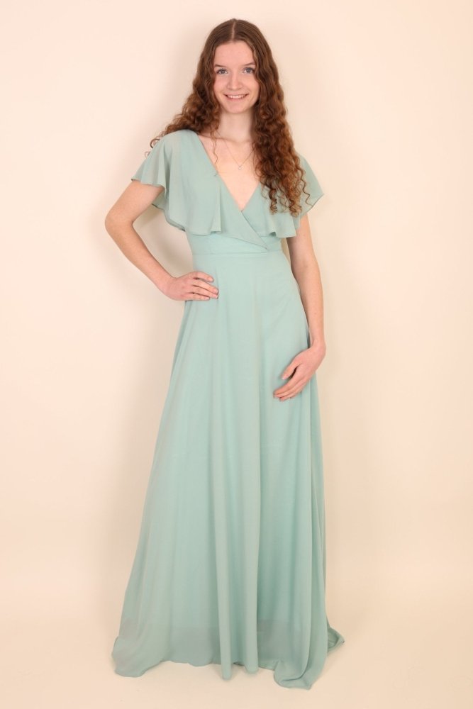 Chiffon - Abendkleid mit V - Ausschnitt & kurzen Ärmeln, mint - Dein Kleiderladen