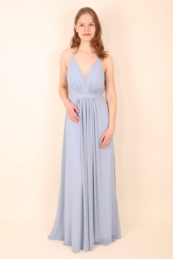 Chiffon - Abendkleid mit V - Ausschnitt & tiefem Rücken, hellblau - Dein Kleiderladen