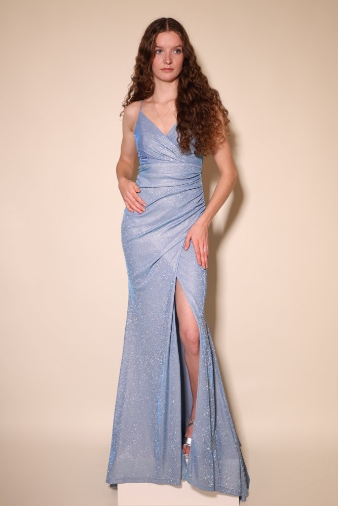 enganliegendes Glitzer - Abendkleid mit V - Ausschnitt und Schnürung, hellblau - Dein Kleiderladen