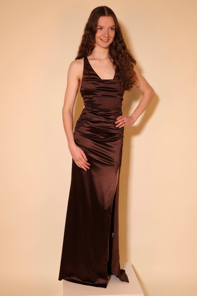 enganliegendes Satin - Abendkleid mit Wasserfallausschnitt und Schnürung, braun - Dein Kleiderladen