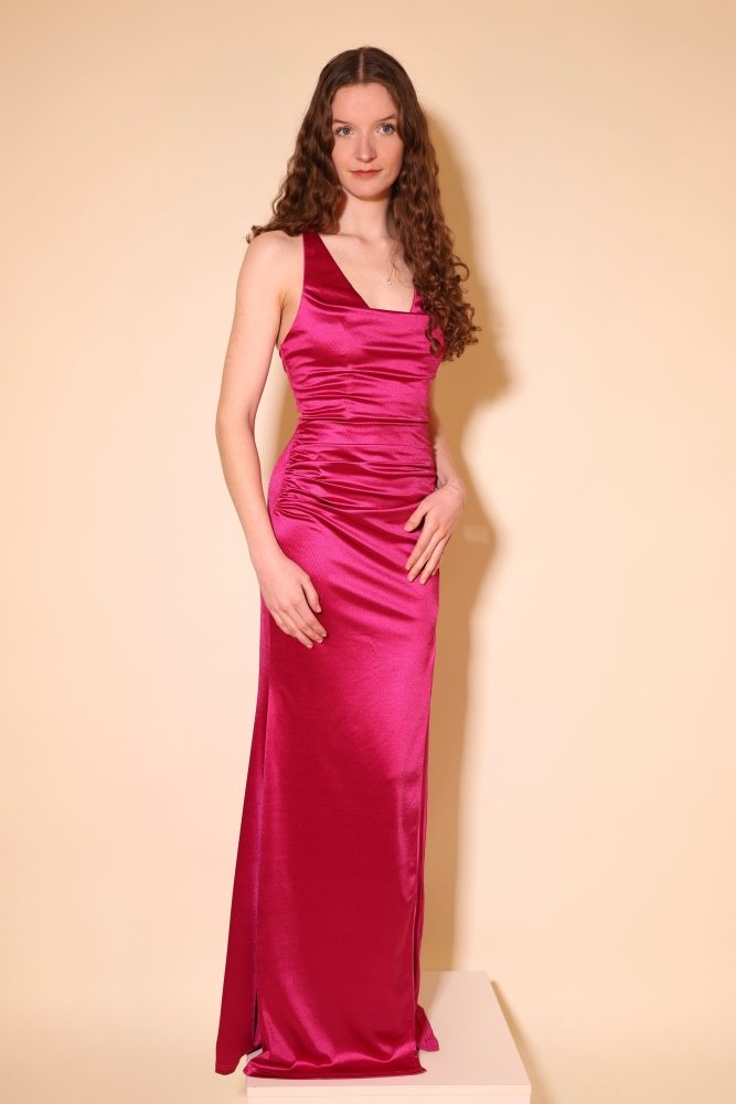enganliegendes Satin - Abendkleid mit Wasserfallausschnitt und Schnürung, pink - Dein Kleiderladen
