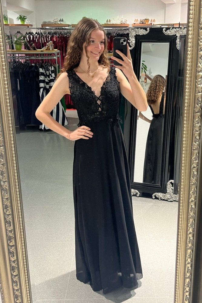 Festkleid mit angedeuteter Schnürung vorne, schwarz - Dein Kleiderladen