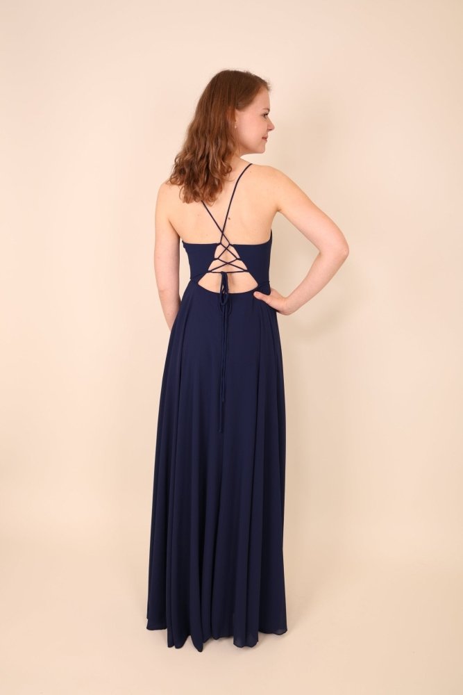 Festliches Volantkleid mit Schnürung und Schlitz, dunkelblau - Dein Kleiderladen