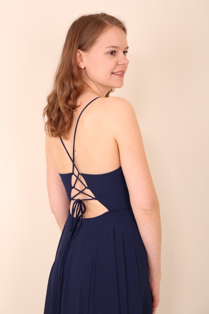 Festliches Volantkleid mit Schnürung und Schlitz, dunkelblau - Dein Kleiderladen