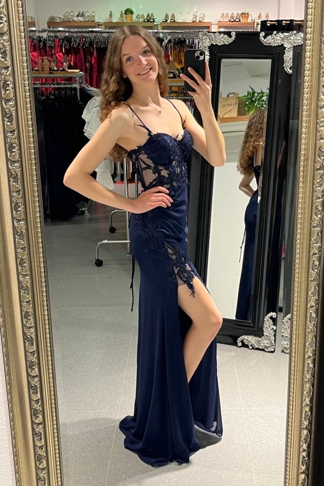 figurbetontes Abendkleid mit Korsett, dunkelblau - Dein Kleiderladen