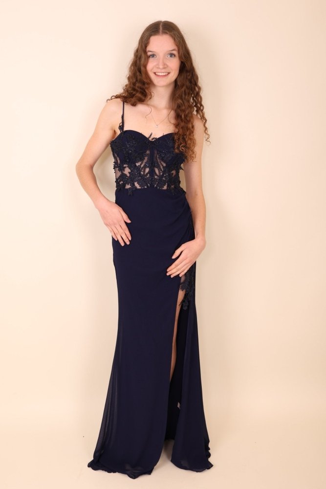 figurbetontes Abendkleid mit Korsett, dunkelblau - Dein Kleiderladen