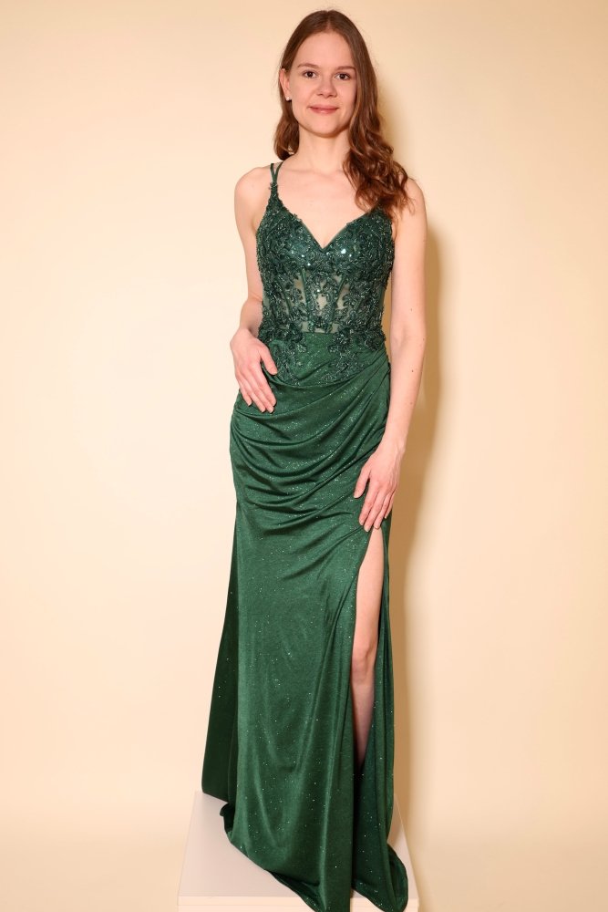 Glitzer - Abendkleid mit Corsage, Schnürung & Schlitz, dunkelgrün - Dein Kleiderladen
