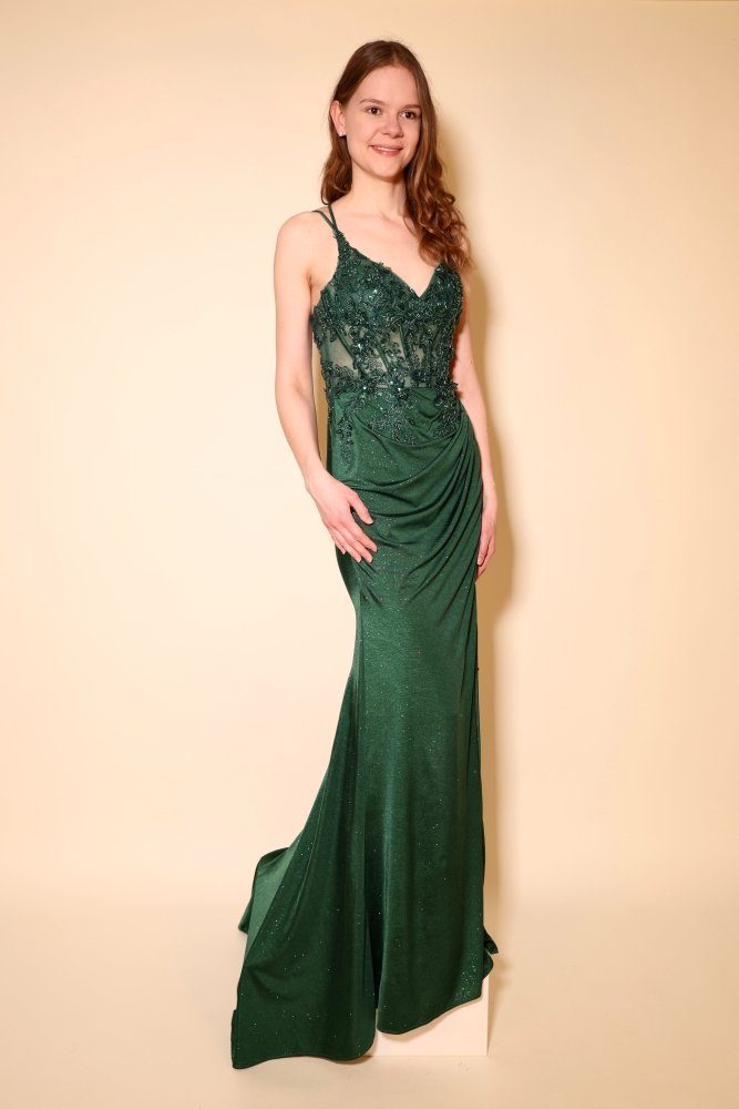 Glitzer - Abendkleid mit Corsage, Schnürung & Schlitz, dunkelgrün - Dein Kleiderladen