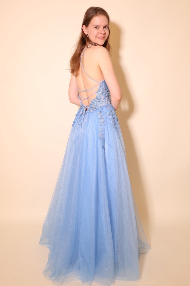 Glitzer - Tüllkleid mit floral bestickter Corsage, Rückenschnürung und Beinschlitz, hellblau - Dein Kleiderladen