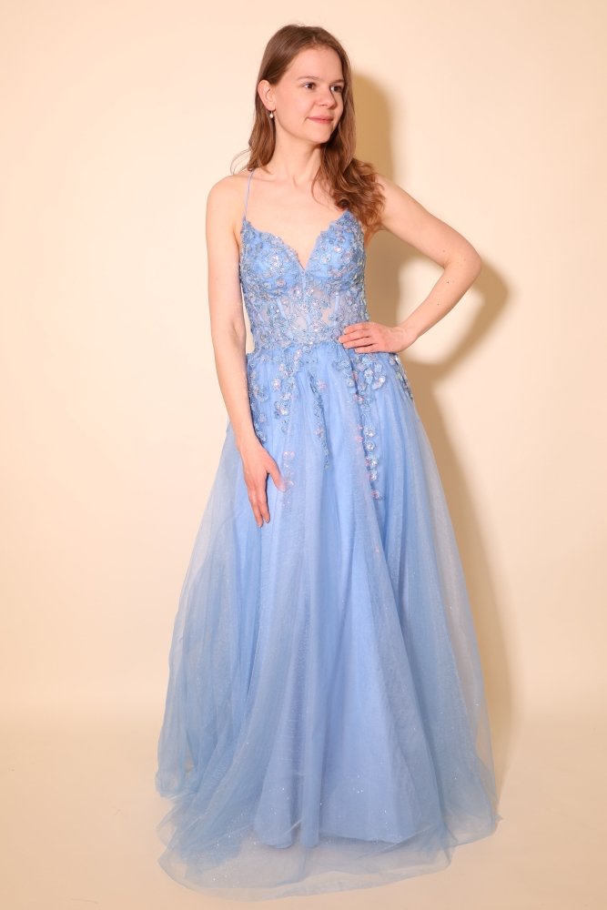 Glitzer - Tüllkleid mit floral bestickter Corsage, Rückenschnürung und Beinschlitz, hellblau - Dein Kleiderladen