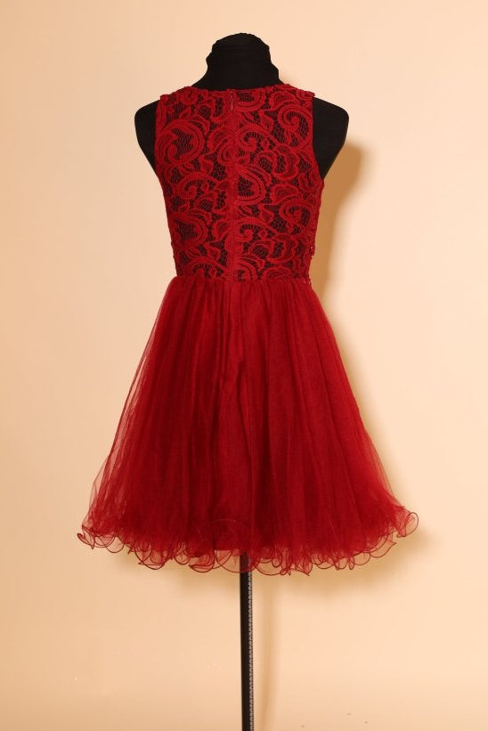 Kurzes, hochgeschlossenes Second Hand Tüllkleid, dunkelrot - Dein Kleiderladen