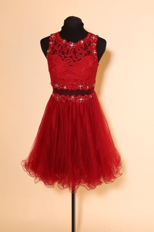 Kurzes, hochgeschlossenes Second Hand Tüllkleid, dunkelrot - Dein Kleiderladen