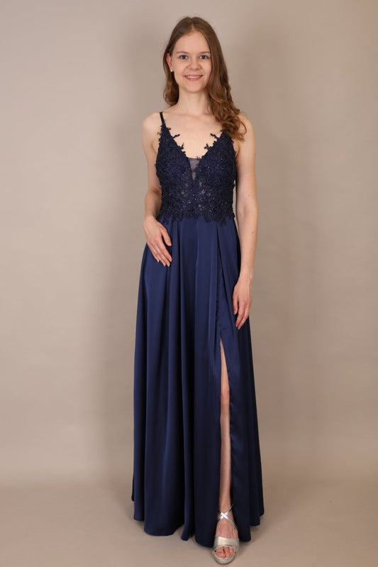 langes Abendkleid mit Spitze, Schnürung & Satinrock, dunkelblau - Dein Kleiderladen