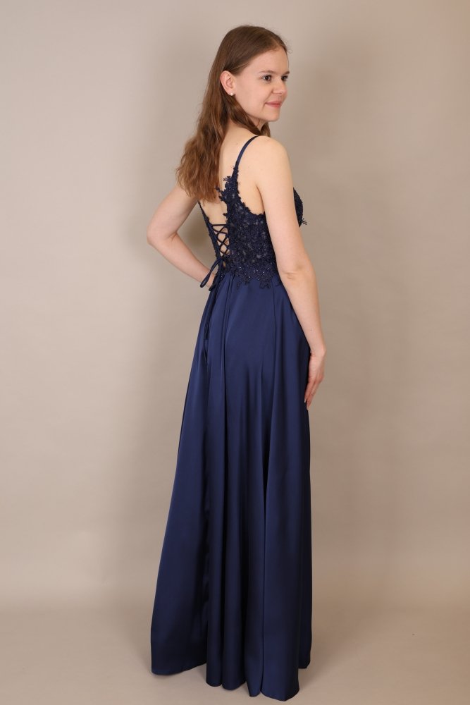 langes Abendkleid mit Spitze, Schnürung & Satinrock, dunkelblau - Dein Kleiderladen