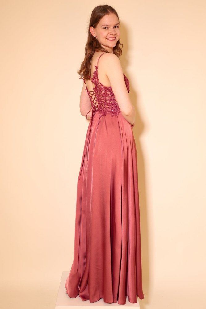 langes Abendkleid mit Spitze, Schnürung & Satinrock, rosenholz - Dein Kleiderladen