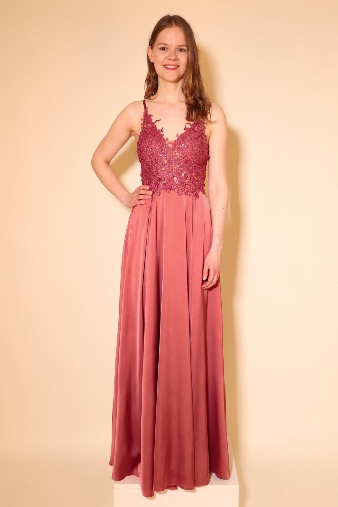 langes Abendkleid mit Spitze, Schnürung & Satinrock, rosenholz - Dein Kleiderladen