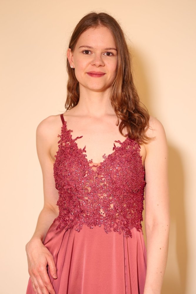 langes Abendkleid mit Spitze, Schnürung & Satinrock, rosenholz - Dein Kleiderladen