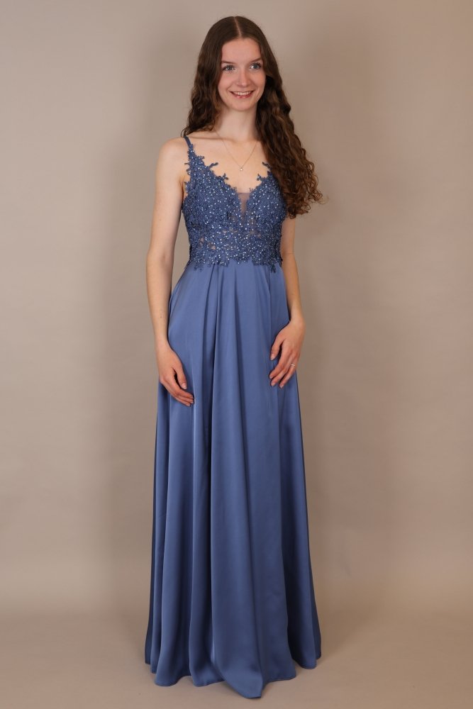 langes Abendkleid mit Spitze, Schnürung & Satinrock, taubenblau - Dein Kleiderladen