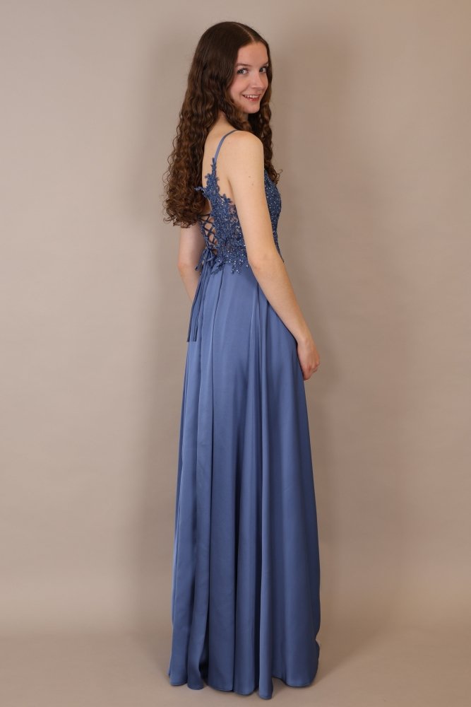 langes Abendkleid mit Spitze, Schnürung & Satinrock, taubenblau - Dein Kleiderladen