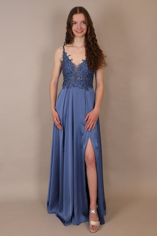 langes Abendkleid mit Spitze, Schnürung & Satinrock, taubenblau - Dein Kleiderladen