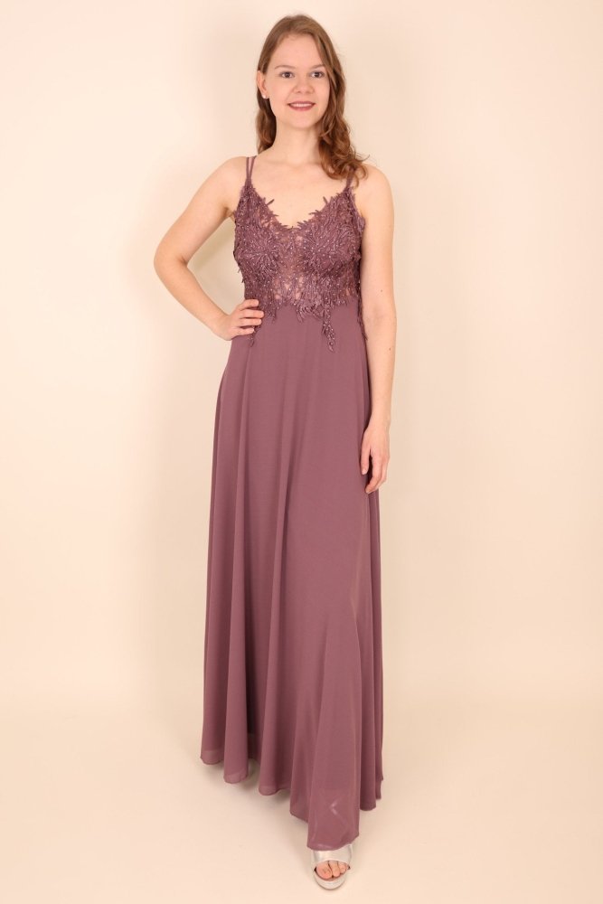 Langes Ballkleid mit Spitze und Spaghettiträgern, lila - Dein Kleiderladen