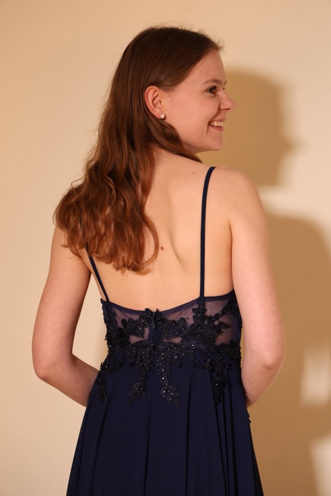 Langes Chiffon - Abendkleid mit Spitzen - Corsage & Schlitz, dunkelblau - Dein Kleiderladen