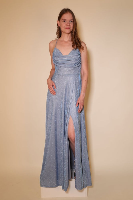 Langes Glitzer-Abendkleid mit Schlitz und Schnürung, hellblau - Dein Kleiderladen