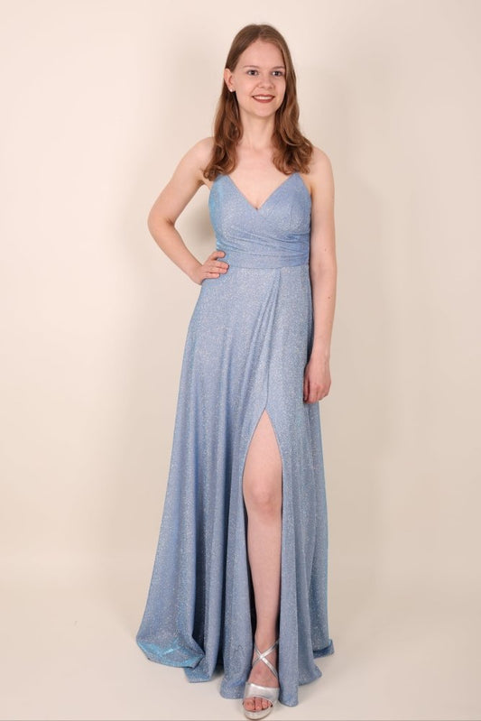 Langes Glitzerkleid mit Schnürung und Schlitz, hellblau - Dein Kleiderladen