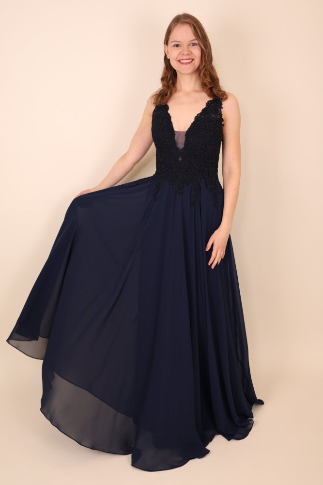 Langes Kleid mit feiner Spitze und tiefem Rückenausschnitt, marineblau - Dein Kleiderladen