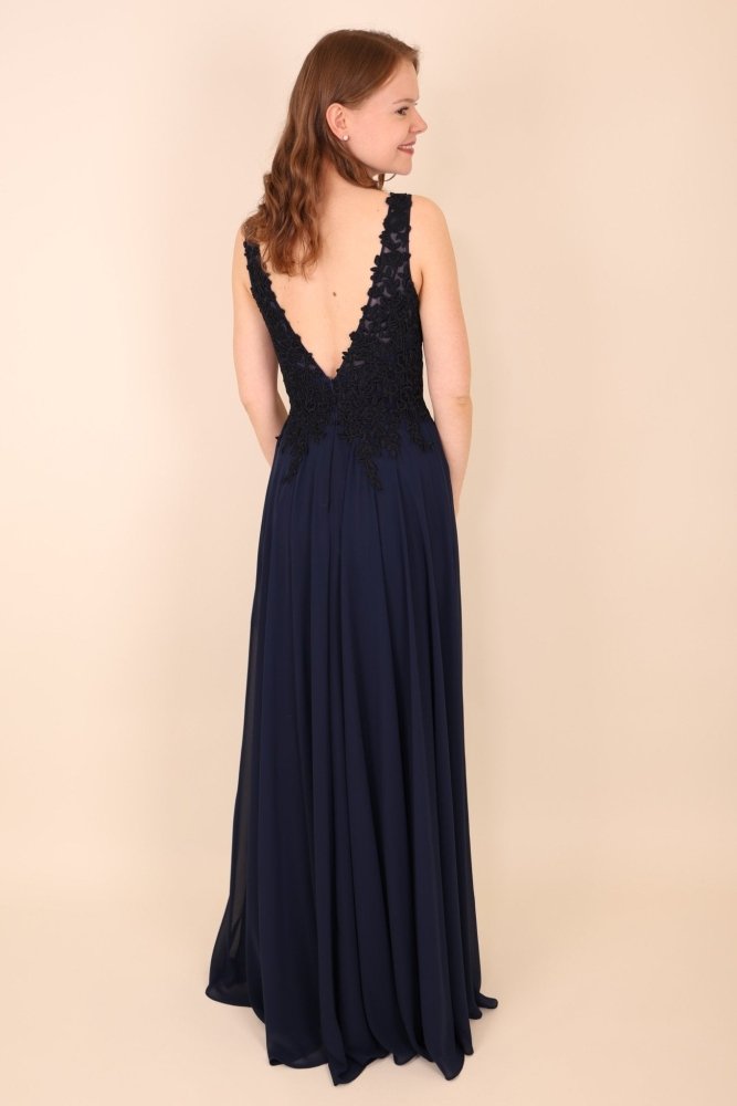 Langes Kleid mit feiner Spitze und tiefem Rückenausschnitt, marineblau - Dein Kleiderladen
