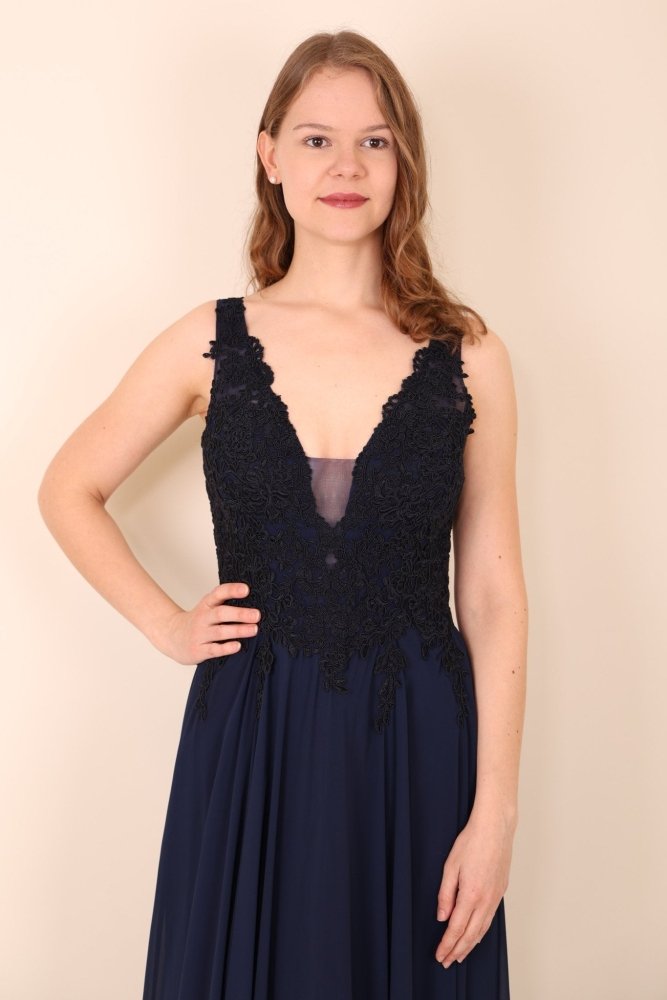 Langes Kleid mit feiner Spitze und tiefem Rückenausschnitt, marineblau - Dein Kleiderladen