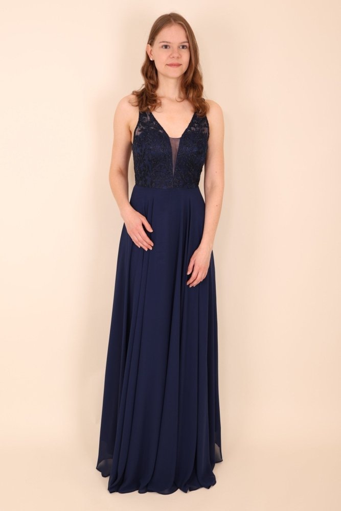 Langes Kleid mit floraler Spitze, dunkelblau - Dein Kleiderladen