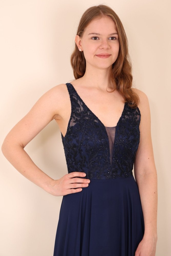 Langes Kleid mit floraler Spitze, dunkelblau - Dein Kleiderladen