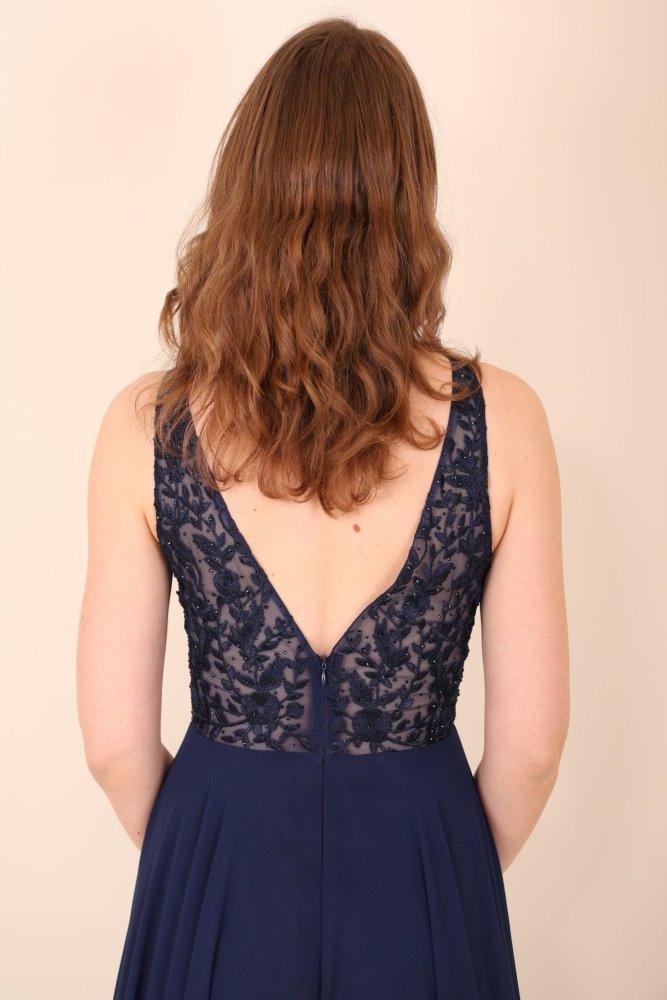 Langes Kleid mit floraler Spitze, dunkelblau - Dein Kleiderladen