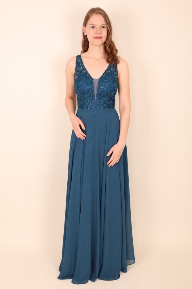 Langes Kleid mit floraler Spitze, petrol - Dein Kleiderladen