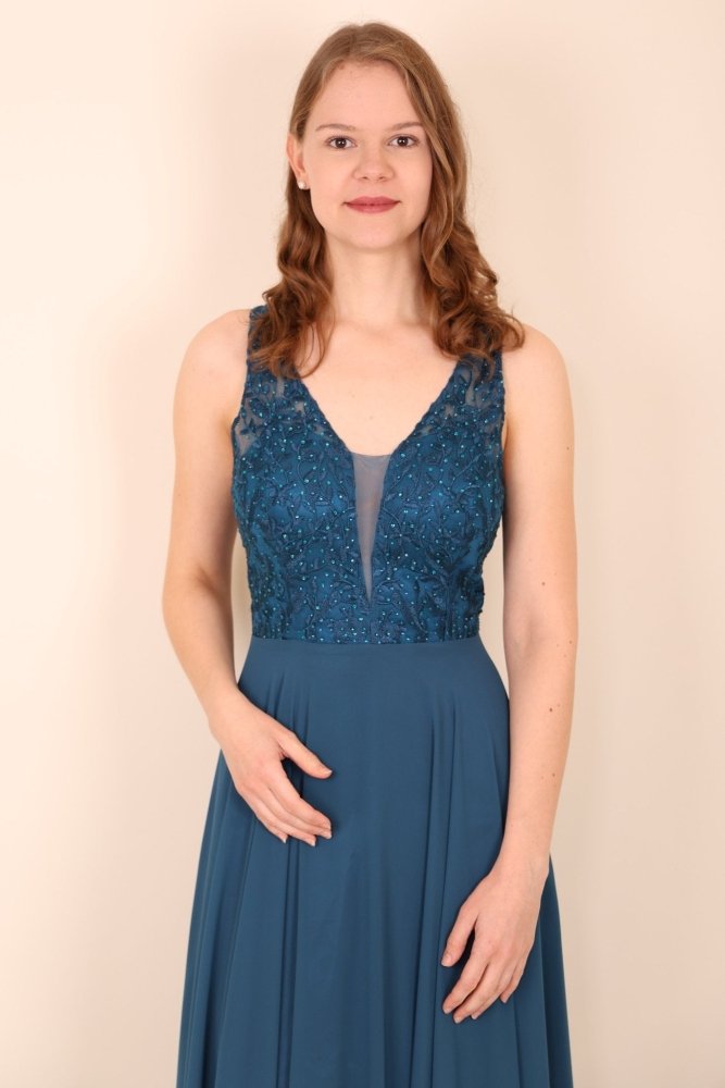 Langes Kleid mit floraler Spitze, petrol - Dein Kleiderladen