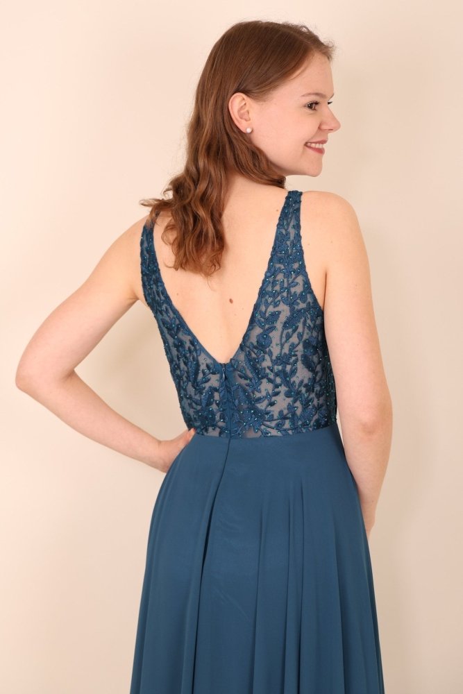 Langes Kleid mit floraler Spitze, petrol - Dein Kleiderladen