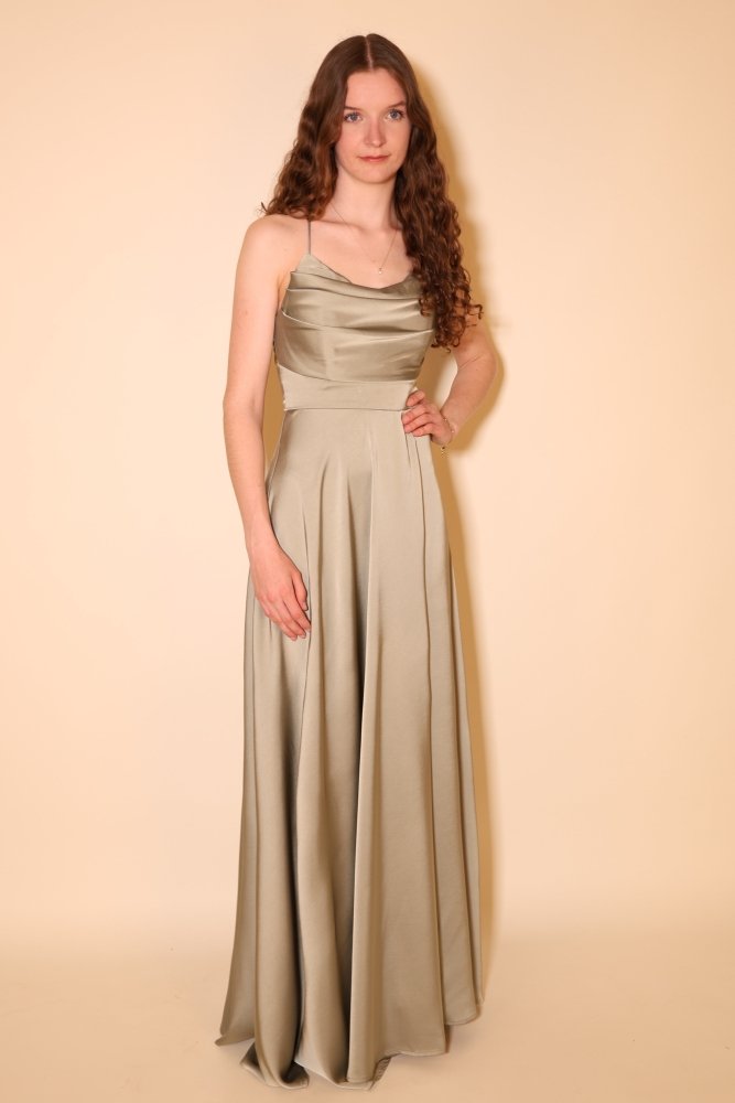 Langes Satin - Abendkleid mit Schlitz und Schnürung, salbei - Dein Kleiderladen