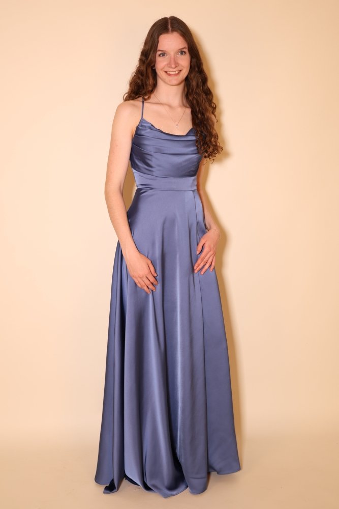 Langes Satin - Abendkleid mit Schlitz und Schnürung, taubenblau - Dein Kleiderladen