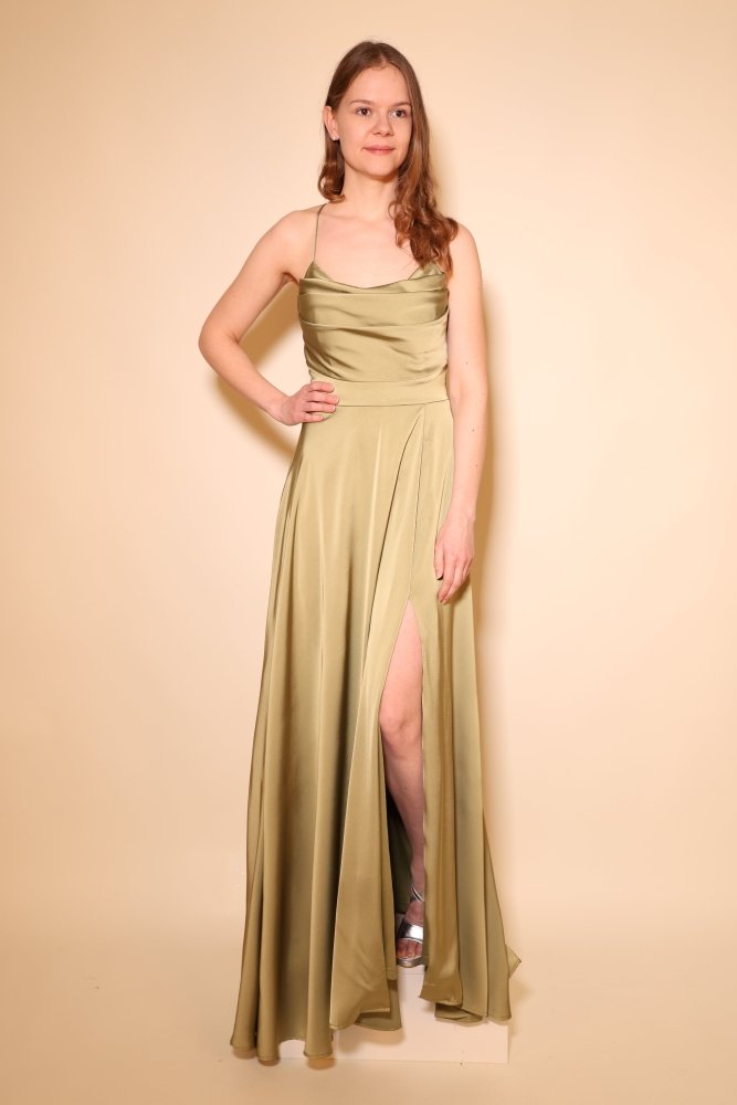 Langes Satin - Abendkleid mit Schlitz und Schnürung, oliv - Dein Kleiderladen