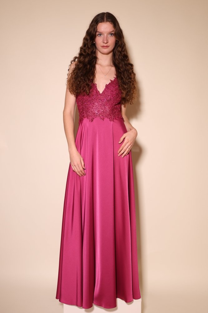 Langes Satinkleid mit Spitze und Schlitz, pink - Dein Kleiderladen