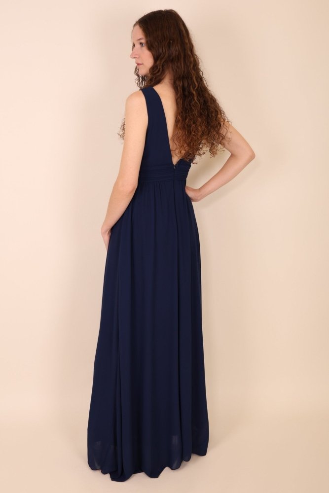 Langes schlichtes Kleid mit Schlitz, marineblau - Dein Kleiderladen