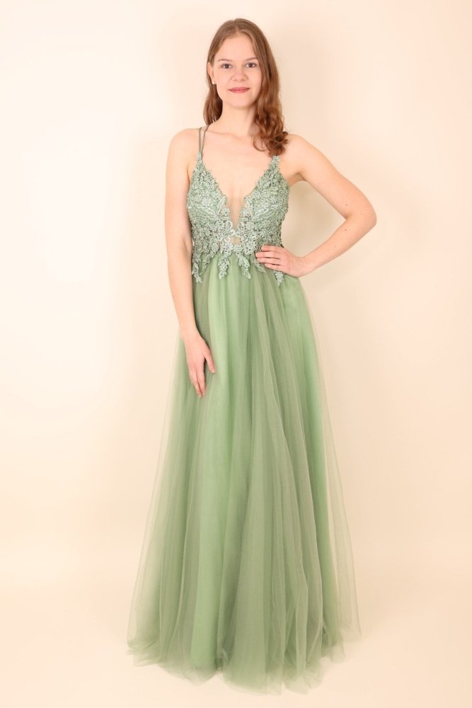 Langes Tüllkleid mit funkelnder Spitze und Schlitz, hellgrün - Dein Kleiderladen