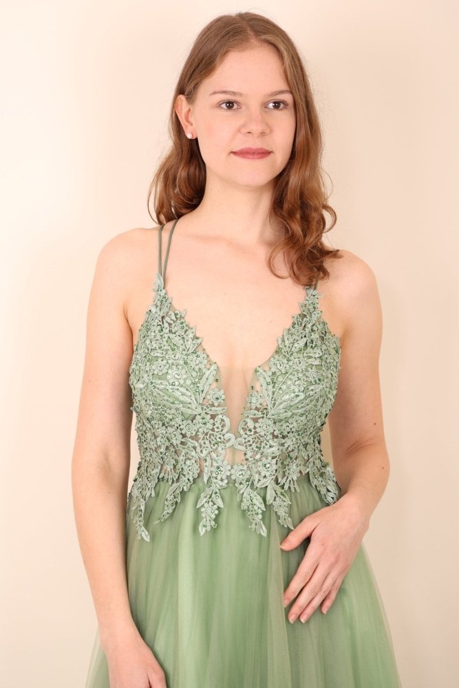Langes Tüllkleid mit funkelnder Spitze und Schlitz, hellgrün - Dein Kleiderladen