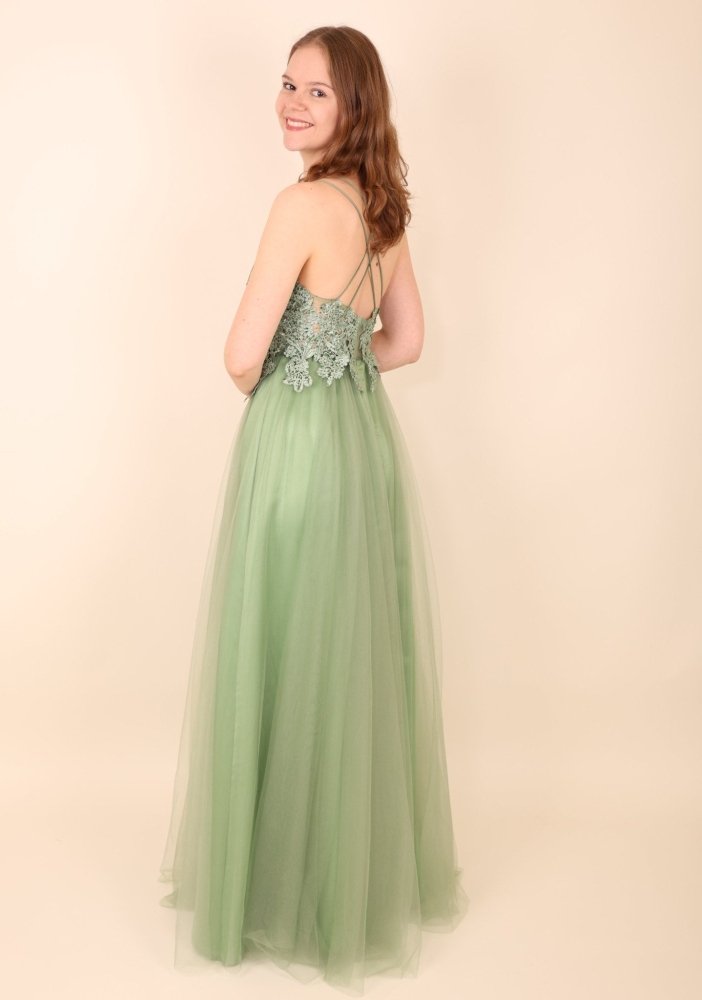 Langes Tüllkleid mit funkelnder Spitze und Schlitz, hellgrün - Dein Kleiderladen