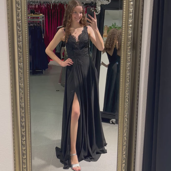 Abendkleid mit Spitzenoberteil, V-Ausschnitt & Schlitz, schwarz - Dein Kleiderladen