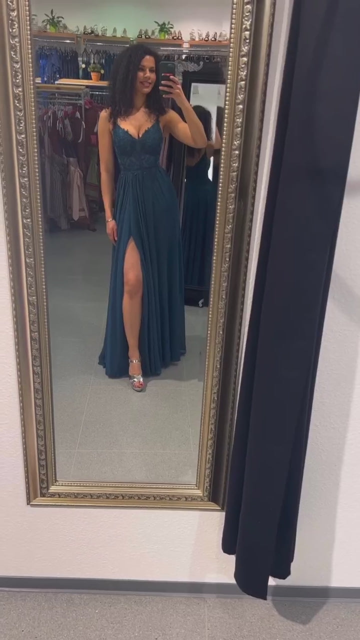 Ballkleid – elegantes langes Chiffonkleid mit feiner Spitze, petrol - Dein Kleiderladen